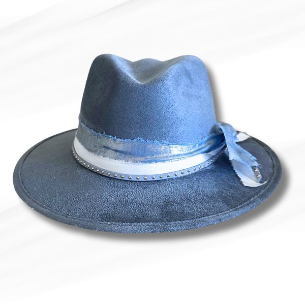 Product Image and Link for Kids Burnt Blue Vegan Suede Western Hat – Metallic Ribbon Bow & Studded Band