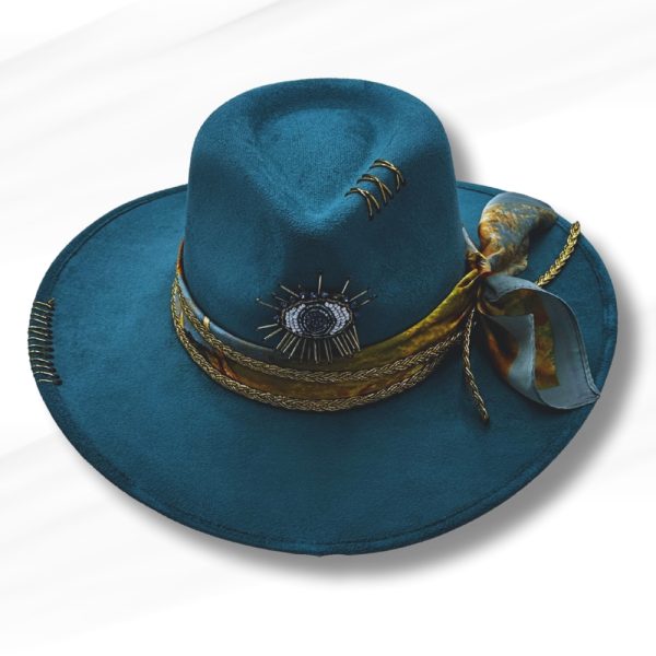 Product Image and Link for Teal Third Eye Vegan Suede Western Hat – Hand-Decorated Boho Statement Piece