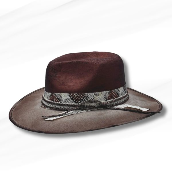 Product Image and Link for Hand-Painted Bronze/Brown Ombre Vegan Suede Western Hat – Snakeskin Band & Burned Brim Rustic Style