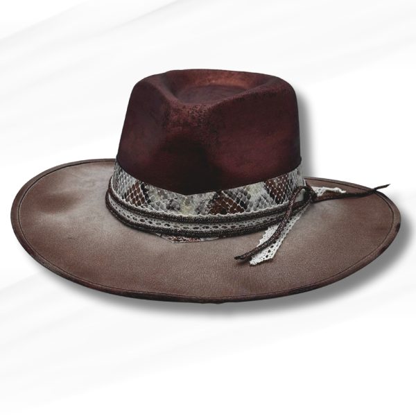 Product Image and Link for Hand-Painted Bronze/Brown Ombre Vegan Suede Western Hat – Snakeskin Band & Burned Brim Rustic Style