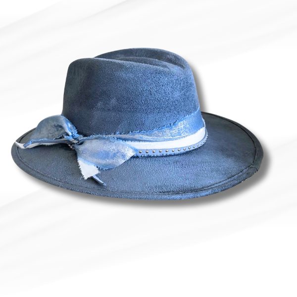 Product Image and Link for Kids Burnt Blue Vegan Suede Western Hat – Metallic Ribbon Bow & Studded Band