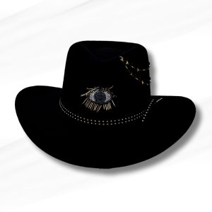 Product Image and Link for Black Third Eye Vegan Suede Western Hat – Handmade in Mexico – Hand-Decorated Boho Statement Piece