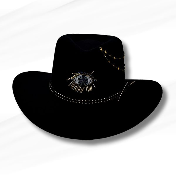 Product Image and Link for Black Third Eye Vegan Suede Western Hat – Handmade in Mexico – Hand-Decorated Boho Statement Piece