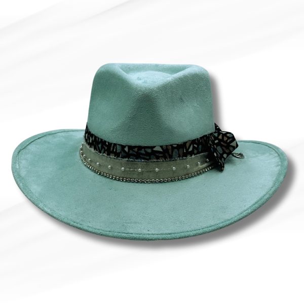 Product Image and Link for Mint Vegan Suede Western Hat – Handmade in Mexico – Layered Band with Bow & Rhinestone Charm
