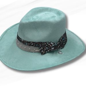 Product Image and Link for Mint Vegan Suede Western Hat – Handmade in Mexico – Layered Band with Bow & Rhinestone Charm