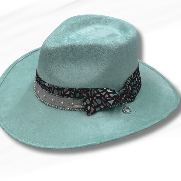 Product Image and Link for Mint Vegan Suede Western Hat – Handmade in Mexico – Layered Band with Bow & Rhinestone Charm