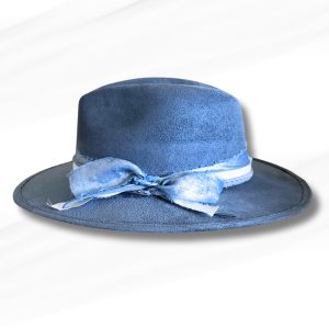 Product Image and Link for Kids Burnt Blue Vegan Suede Western Hat – Metallic Ribbon Bow & Studded Band