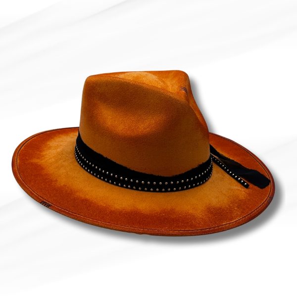 Product Image and Link for Burned Crown & Brim Vegan Suede Western Hat – Black Studded Band Rustic Style