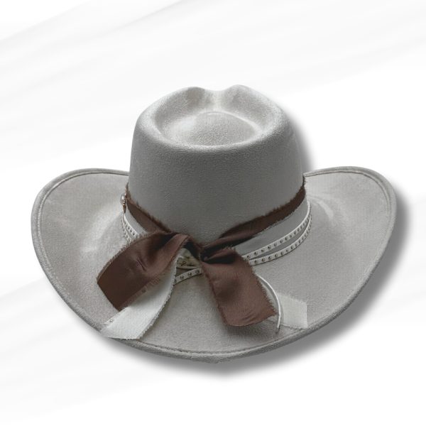 Product Image and Link for Off-White Vegan Suede Western Hat – Pearl Stud Band & Satin Ribbon Bow – Bridal or Rustic-Chic Style