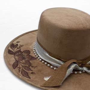 Product Image and Link for Brown Floral Engraved Vegan Suede Western Hat – Rustic Boho Cowgirl Style