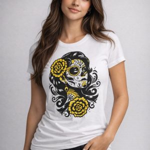 Product Image and Link for Sugar Skull Floral Women’s Graphic Tee – White
