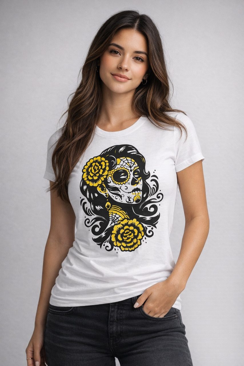 Product Image and Link for Sugar Skull Floral Women’s Graphic Tee – White
