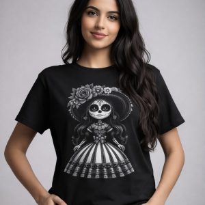 Product Image and Link for Catrina en Flor – Black Art Tee
