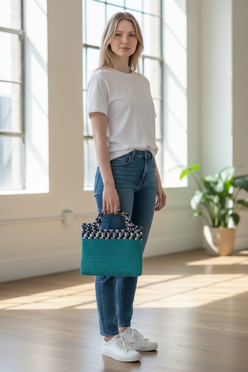 Product Image and Link for Knitted Laptop Bag – Turquoise & Black White