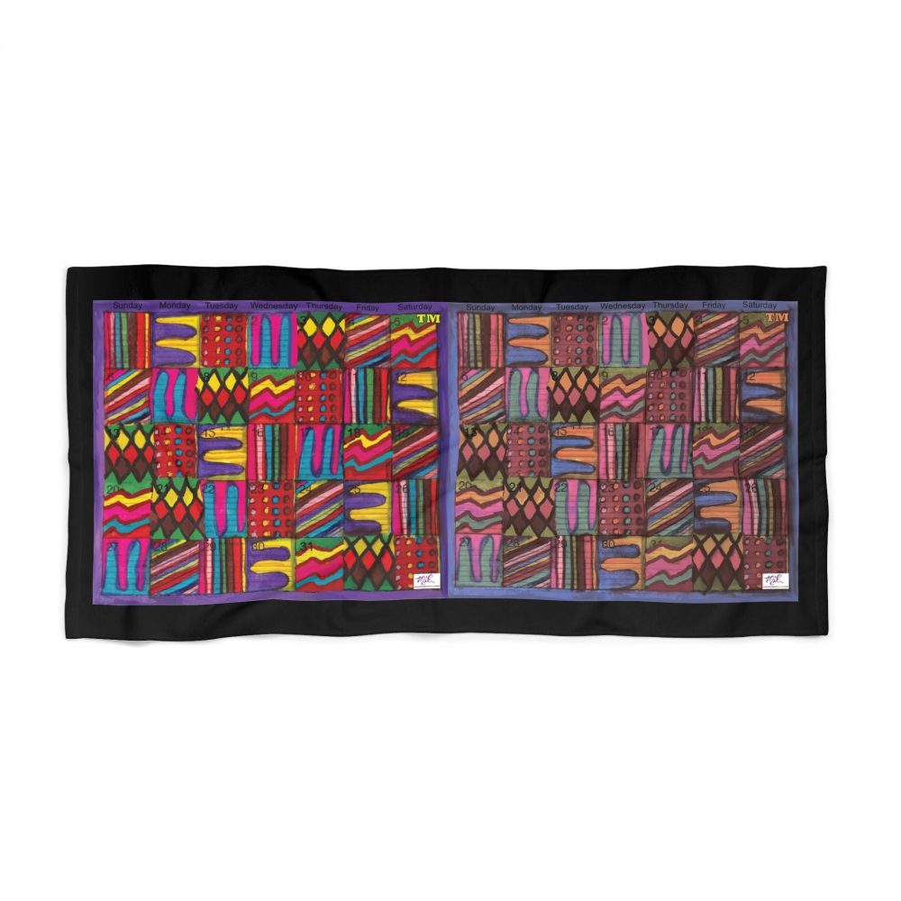 Product Image and Link for Beach Towel: “Psychedelic Calendar Vibrant and Muted(tm)” – Black