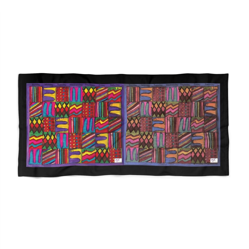 Product Image and Link for Beach Towel: “Psychedelic Calendar Vibrant and Muted(tm)” – Black
