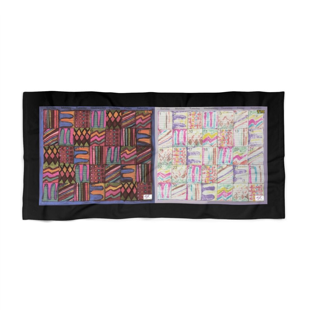 Product Image and Link for Beach Towel: “Psychedelic Calendar Muted and Seeped(tm)” – Black