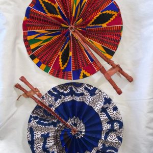 Product Image and Link for DESIGNS C1 OR C2: Bright African Kente folding fans w/ Leather Handles