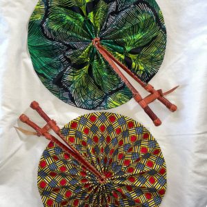 Product Image and Link for DESIGNS D1 OR D2: Bright African Kente folding fans w/ Leather Handles