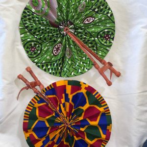 Product Image and Link for DESIGNS E1 OR E2: Bright African Kente folding fans w/ Leather Handles