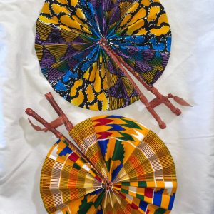 Product Image and Link for DESIGNS F1 OR F2: Bright African Kente folding fans w/ Leather Handles