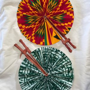 Product Image and Link for DESIGNS G1 OR G2: Bright African Kente folding fans w/ Leather Handles