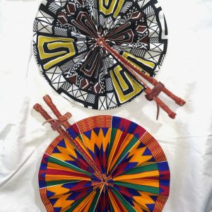 Product Image and Link for DESIGNS H1 OR H2: Bright African Kente folding fans w/ Leather Handles