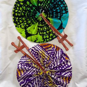 Product Image and Link for DESIGNS A1 OR A2: Bright African Kente folding fans w/ Leather Handles