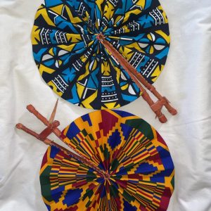 Product Image and Link for DESIGNS J1 OR J2: Bright African Kente folding fans w/ Leather Handles