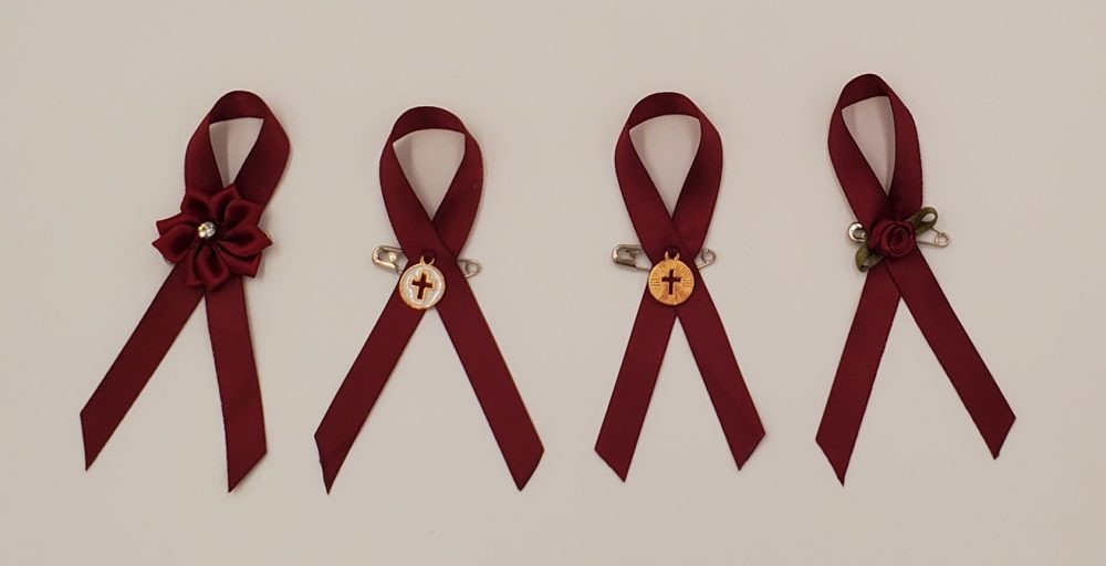 Product Image and Link for Burgundy Awareness Ribbon – 50 Pack