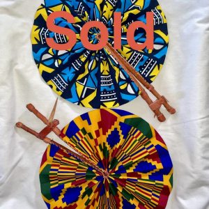 Product Image and Link for DESIGNS J2: Bright African Kente folding fans w/ Leather Handles