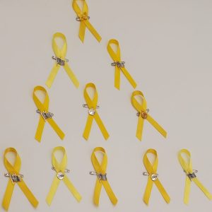 Product Image and Link for Yellow Military Support & Awareness Ribbon Pin – 100 Pack