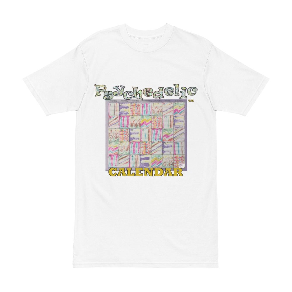 Product Image and Link for Men’s Heavyweight Tee: “Psychedelic Calendar Seeped(tm)” – Five Colors