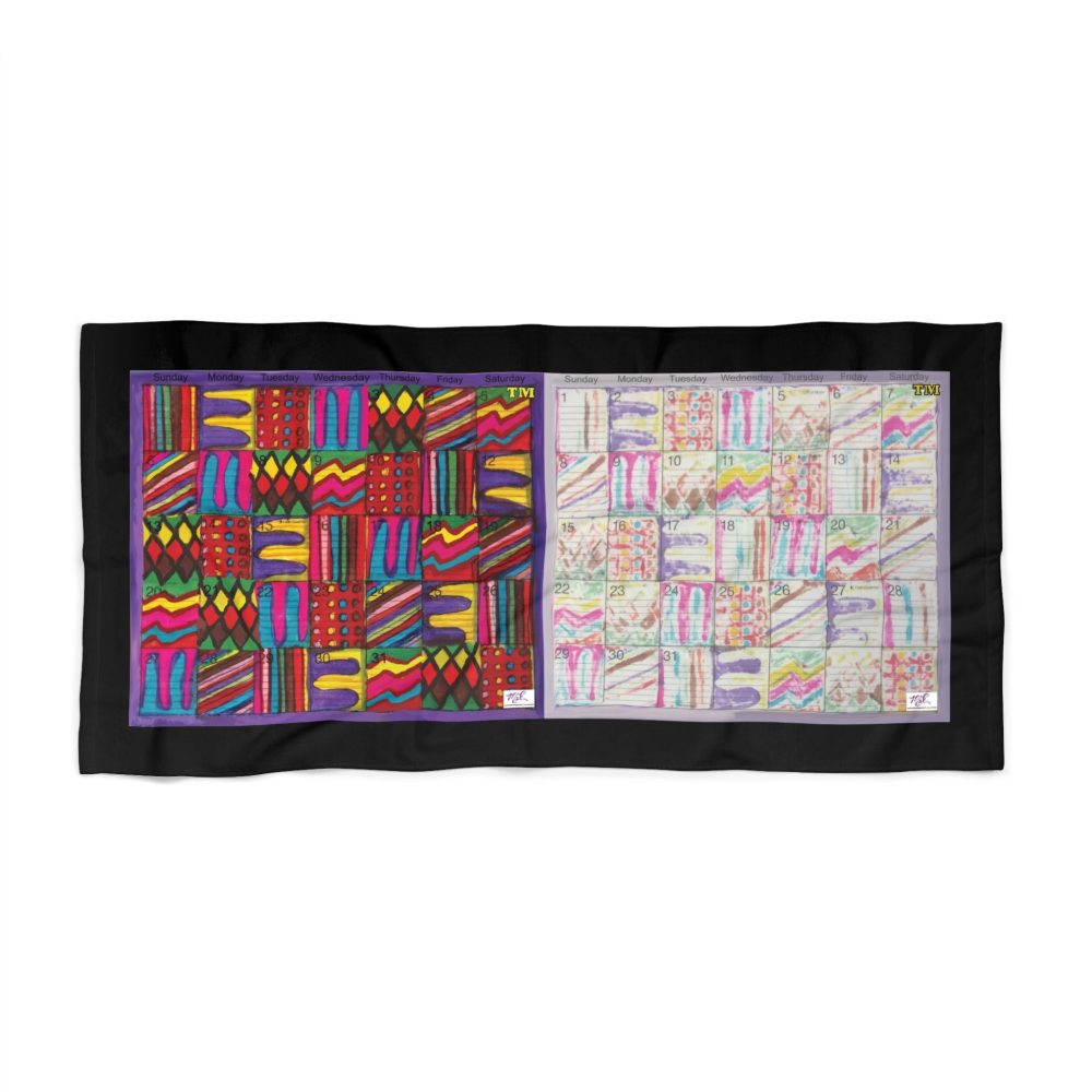 Product Image and Link for Beach Towel: “Psychedelic Calendar Vibrant and Seeped(tm)” – Black