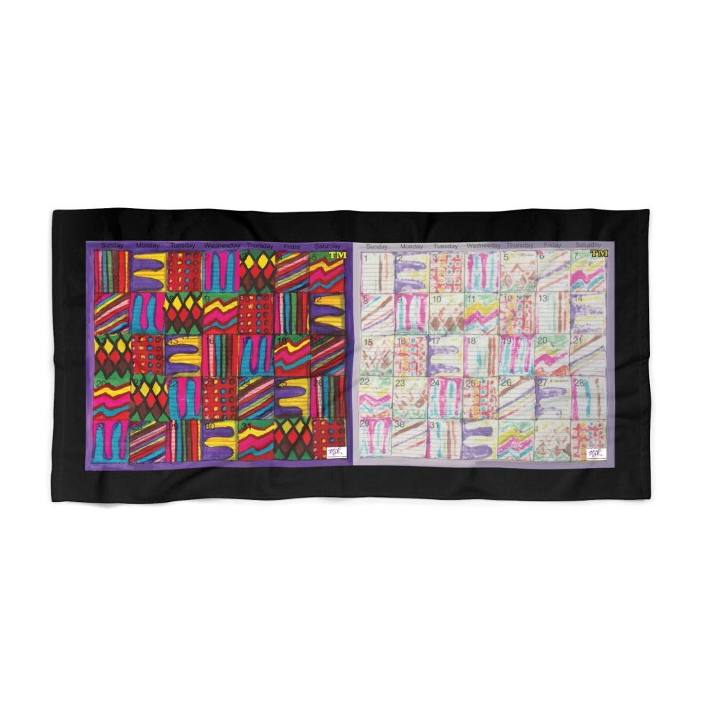 Product Image and Link for Beach Towel: “Psychedelic Calendar Vibrant and Seeped(tm)” – Black