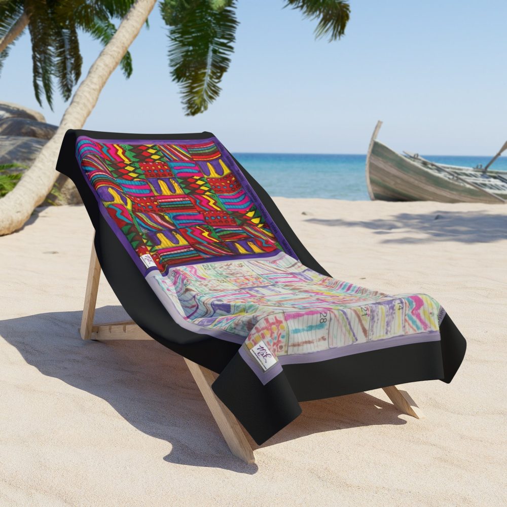 Product Image and Link for Beach Towel: “Psychedelic Calendar Vibrant and Seeped(tm)” – Black
